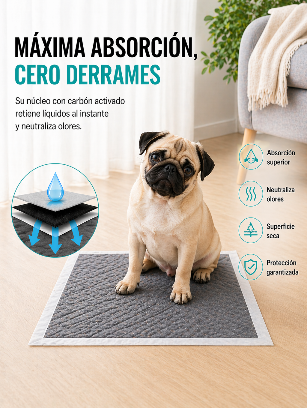 Cachorro usando sabanilla CarboPro en
departamento entrenamiento de higiene 