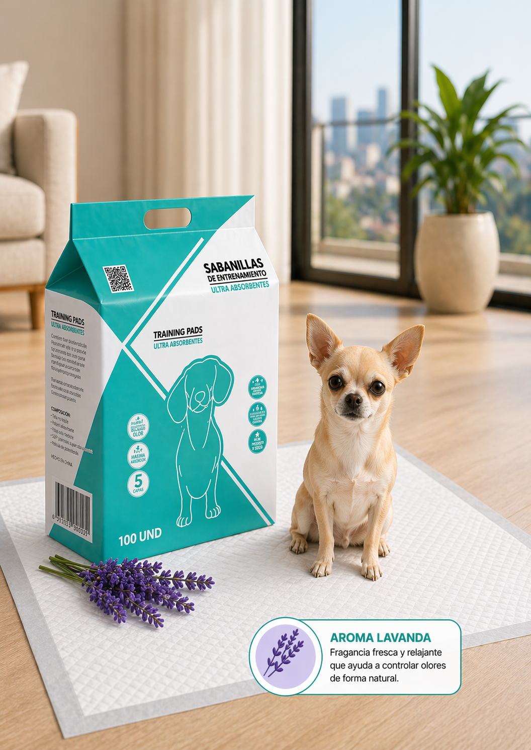 Cachorro usando sabanilla PadClean en
departamento entrenamiento de higiene 