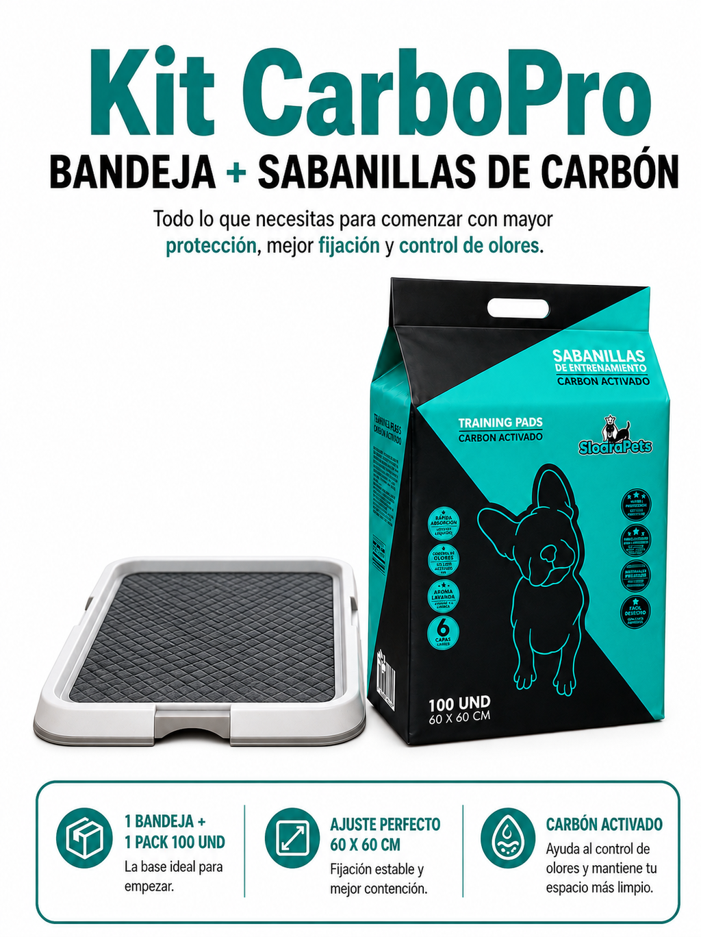Kit CarboPro | Bandeja + 100 sabanillas carbon activado — Sloarapets